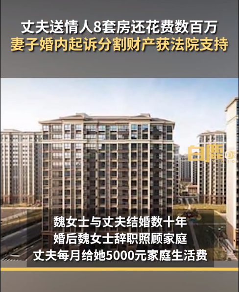男子送情人8套房每月留5000給妻子 5年多給情人轉(zhuǎn)賬300多萬元